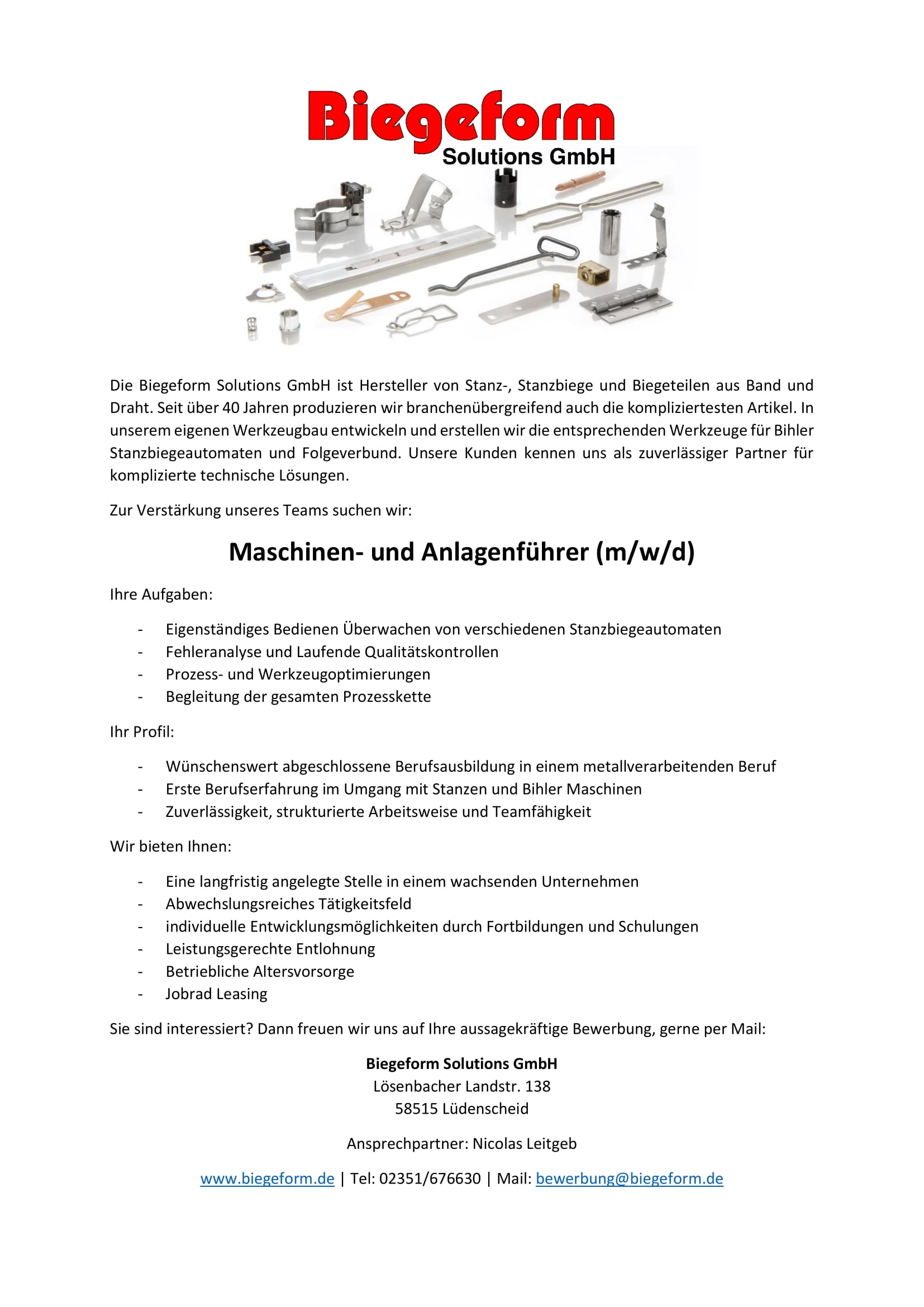 Stellenanzeige Maschinen und Anlagenführer